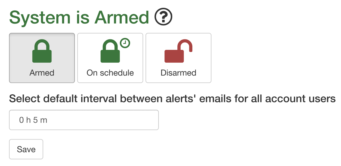 arming security system from admin panel